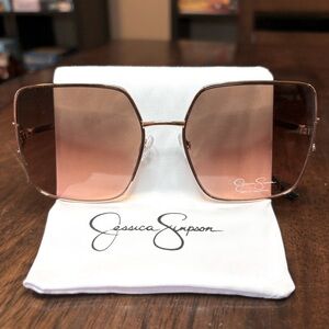 NWT Jessica Simpson Oversized Square Rose Gold Sunglasses with Bag tie case.